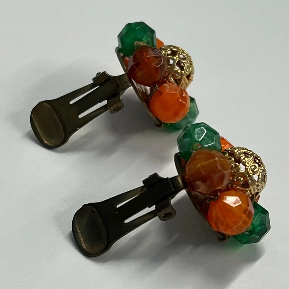 Vintage Multi Color Lucite Bead Cluster Fruit Salad Clip on Copper Back Earrings
